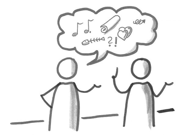 Strichzeichnung Menschengruppe mit Sprechblase