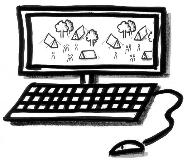 Strichzeichnung Zeltlager auf Bildschirm