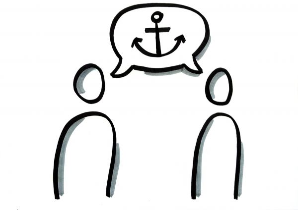 Strichzeichnung Menschengruppe mit Sprechblase
