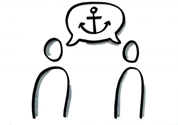 Strichzeichnung Menschengruppe mit Sprechblase