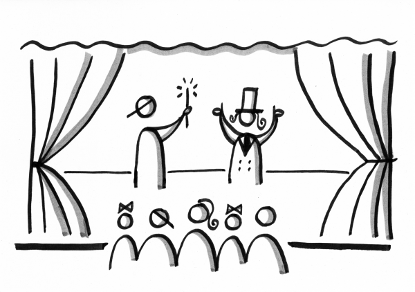 Strichzeichnung Menschengruppe auf einer Bühne