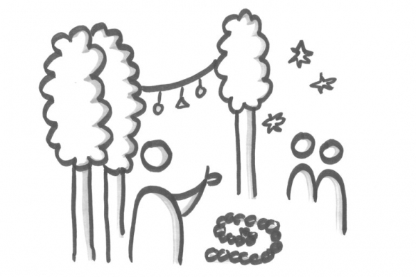 Strichzeichnung Menschengruppe in der Natur