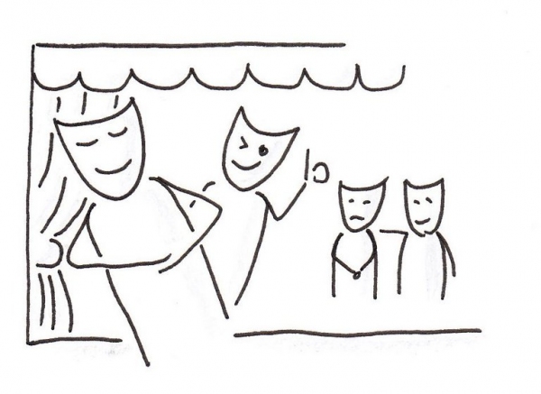 Strichzeichnung Menschengruppe auf einer Bühne