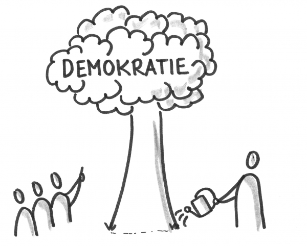 Strichzeichnung Menschengruppe mit Demokratiebaum