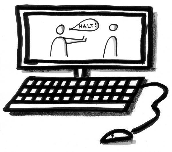 Strichzeichnung Menschengruppe mit Sprechblase auf Bildschirm