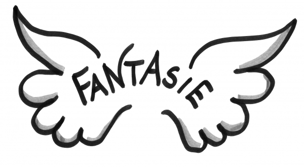 Strichzeichnung Flügel mit dem Wort Fantasie