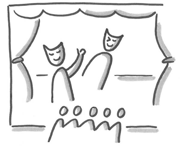 Strichzeichnung Menschengruppe auf einer Bühne