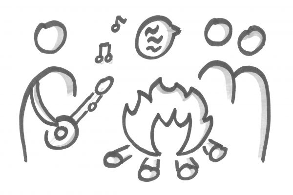 Strichzeichnung Menschengruppe am Lagerfeuer