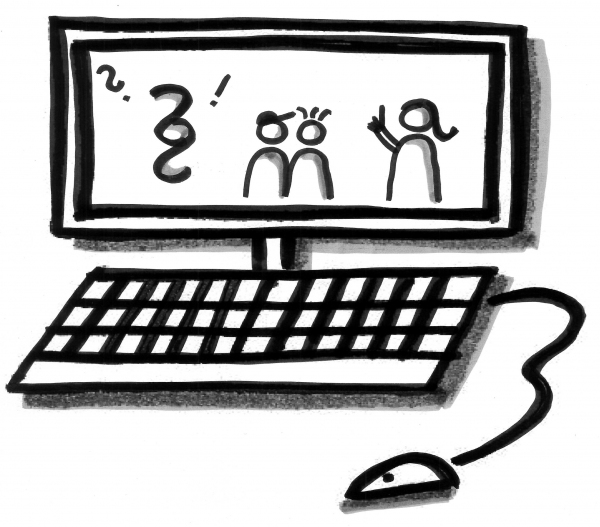 Strichzeichnung Menschengruppe auf Bildschirm