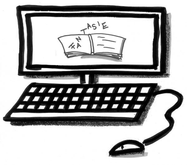 Strichzeichnung offenes Buch auf Bildschirm