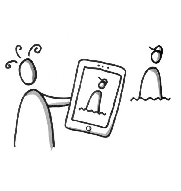 Strichzeichnung Menschen mit Tablet